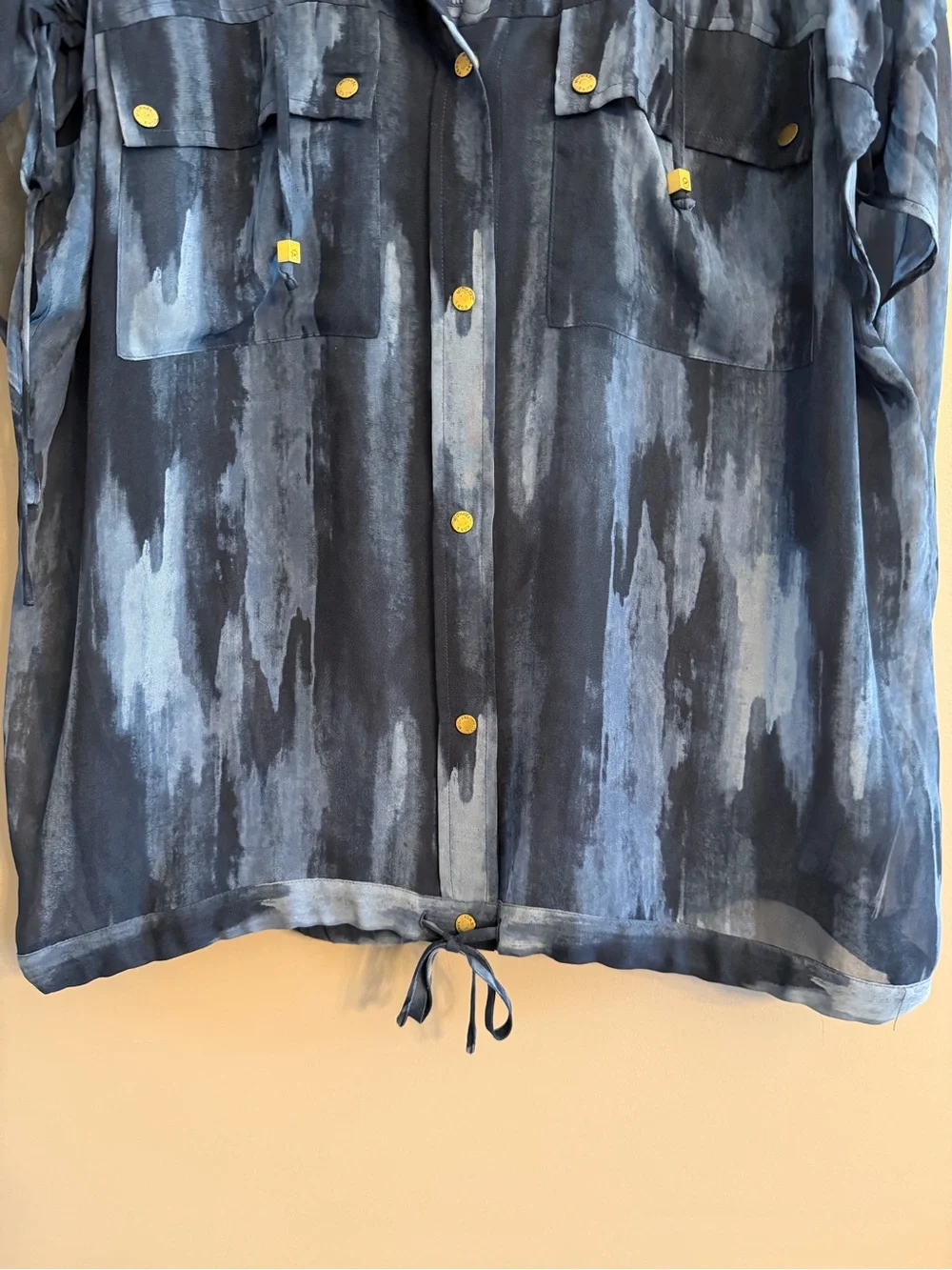MICHAEL Michael Kors Gray Blue Abstract Print Sheer Oversized Hooded Top Small